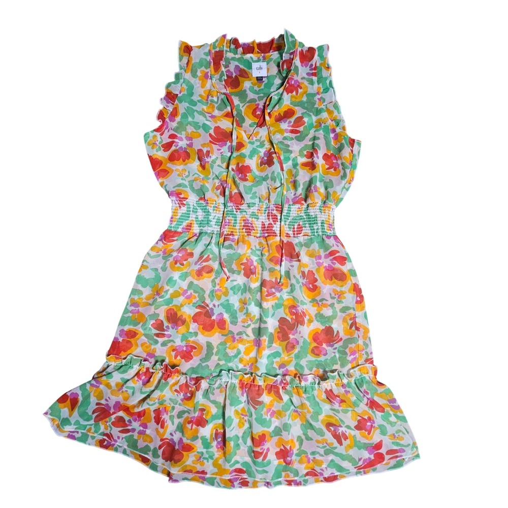Cabi Spirit Dress Floral Sleeveless‎ Smocked Waist Tiered Ruffle S Boho Resort